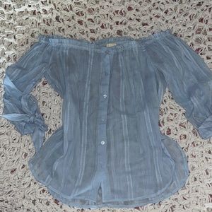 Caution to the Wind S sheer blue off-the-shoulder blouse